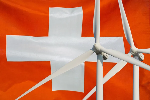 Two Wind Turbines Alternative Energy Switzerland Flag Background Wind Turbines — Stock Photo, Image