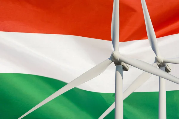 Two Wind Turbines Alternative Energy Hungary Flag Background Wind Turbines — Stock Photo, Image