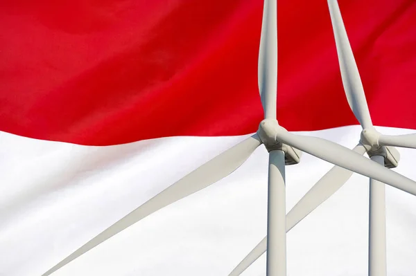 Dua Turbin Angin Untuk Energi Alternatif Pada Latar Belakang Bendera — Stok Foto