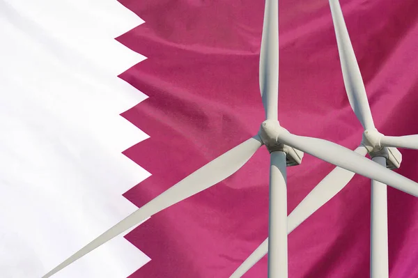 Two Wind Turbines Alternative Energy Qatar Flag Background Wind Turbines — Stock Photo, Image