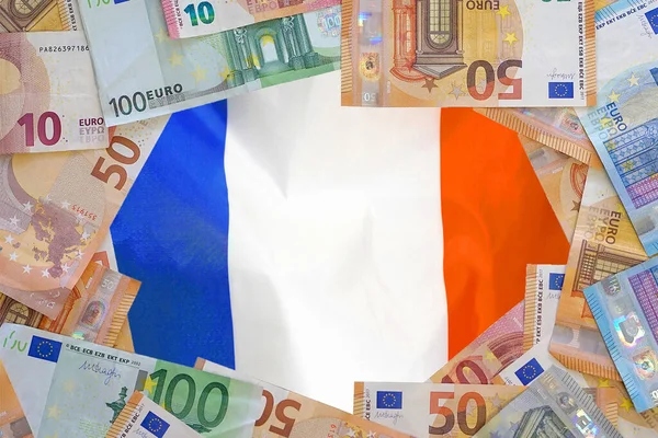 Банкноты Евро Фоне Флага Франции Различные Евробанкноты Рамка Концепция Бизнеса — стоковое фото
