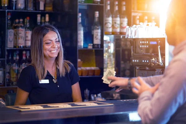 Bartender Takes Tip Dollar Bartender Girl Receives Tip Client Hotel — Stock Photo, Image