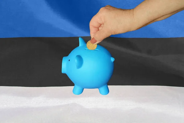 エストニアの国旗を背景に貯金箱に硬貨を入れる年配の女性の手 手は貯金箱にコインを入れる 退職金貯金 貯金箱 エストニアにおけるお金と退職金の節約 — ストック写真