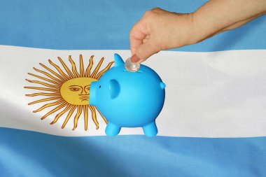 Yaşlı bir kadının Arjantin bayrağıyla kumbaraya para koyması. Kumbaraya para yatırıyorum. Emeklilik birikimi, domuz kumbarası. Arjantin 'de tasarruf ve emeklilik fonu kavramı