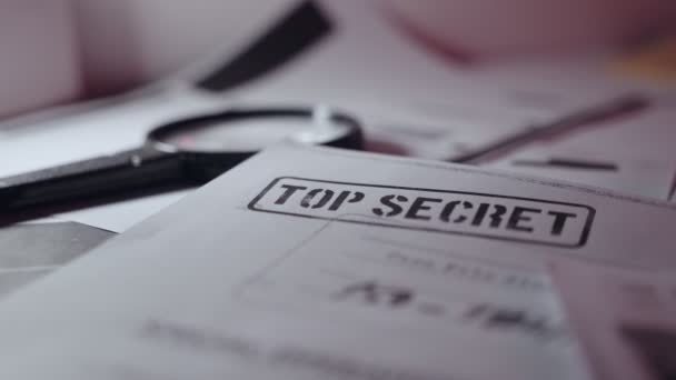 Close Top Secret Document Text Stamp Classified Information Camera Moves — Stock Video
