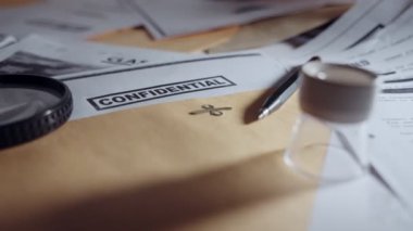 Kahverengi manila klasörü ya da zarfın içindeki gizli kağıttan yavaşça çıkar. Çok gizli bilgiler, askeri ya da özel soruşturma ajansı ya da casusluk bürosunun diğer gizli belgelerinin yanında.