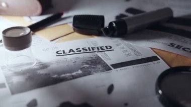 Masasında gizli belgelerin olduğu gizli belgeye yavaşça yaklaş. Kamera, karanlık ofis masasındaki zarfların ve dizinlerin yanında hassas notları gösterirken yavaş hareket eder.