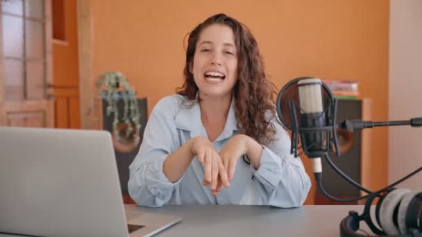 Excited Happy Young Woman Hosting Talking Camera Her Studio Desk — Stock Video