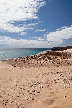 Fuerteventura 'nın doğu kıyısındaki Risco del Paso' nun harika kumlu plajı. 