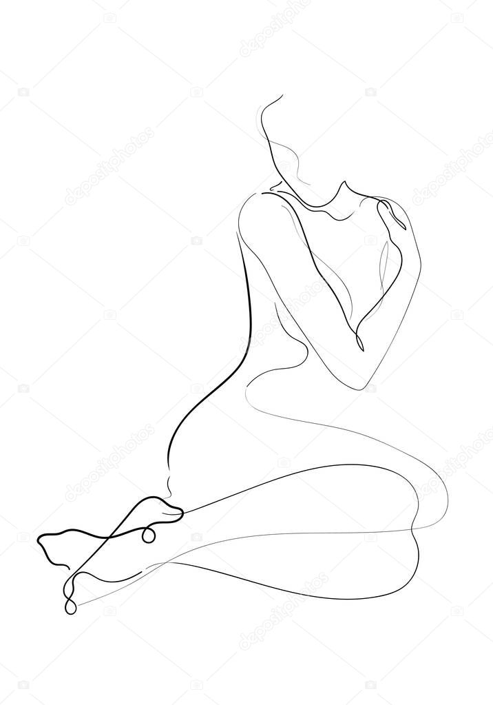 Line Art Naked woman or one line drawing on white isolated background. fashion concept, woman beauty minimalist, illustration of a beautiful nude figure.