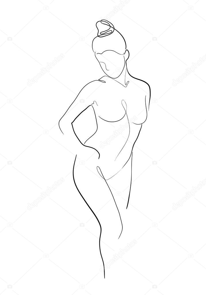 Continuous line Naked woman or one line drawing on white isolated background. fashion concept, woman beauty minimalist, illustration of a beautiful nude figure.