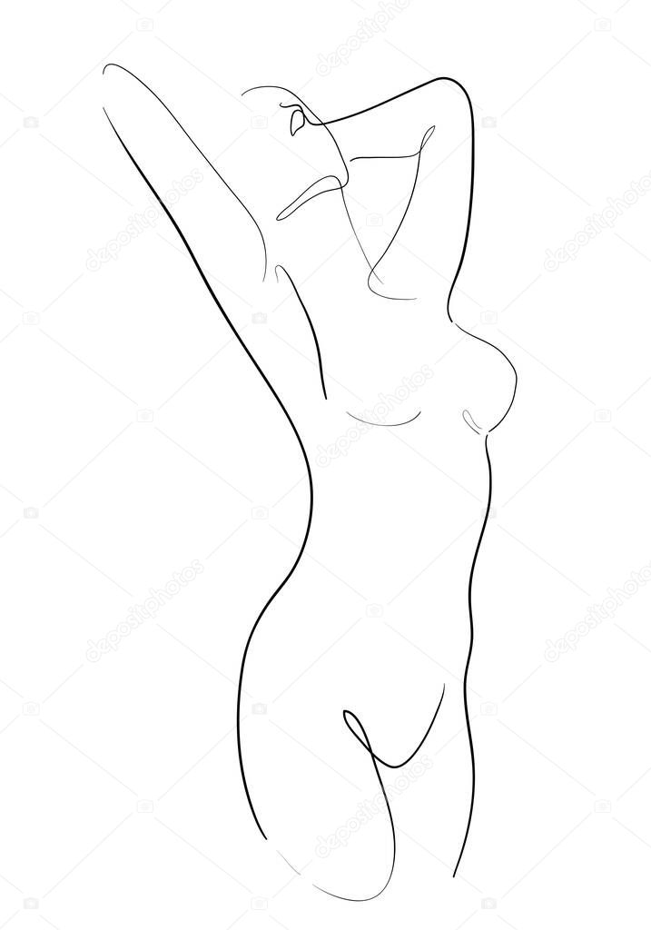 Line Art Naked woman or one line drawing on white isolated background. fashion concept, woman beauty minimalist, illustration of a beautiful nude figure.