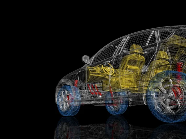 Высокодетальная 3D модель автомобиля. Многоцветные автомобильные запчасти — стоковое фото