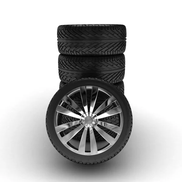 Tekerlekler yığını. Krom disk. su geçirmez koruyucu. — Stok fotoğraf