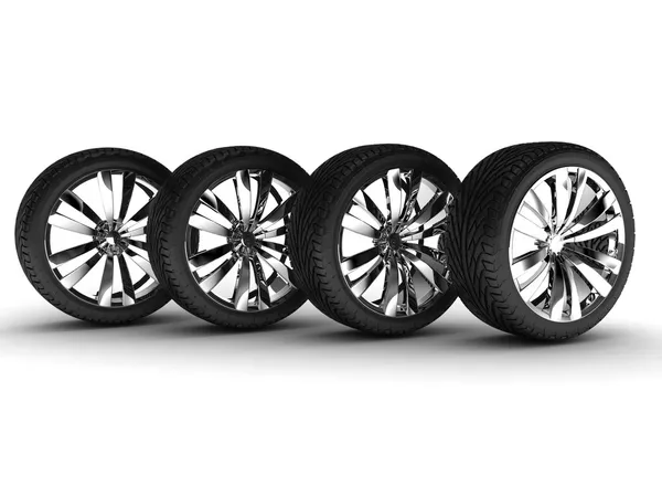 Four car tires wiyh chromed disks. One line position. — Stock Photo, Image