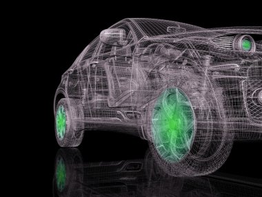 Sport car wire model with green blue neon wheels clipart