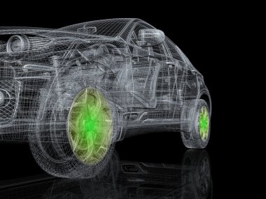 High detailed car wire frame with green neon disks clipart