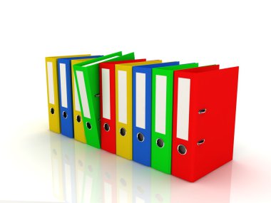 Beyaz bir uçak üzerinde dokuz çok renkli klasörler.