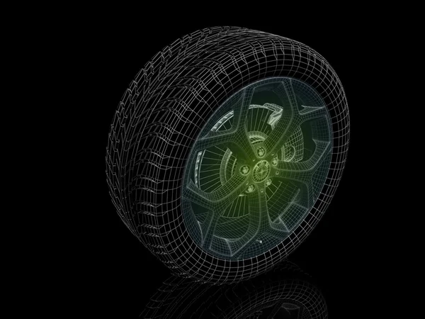 Wire model of car wheel with neon glowing — Stock Photo, Image