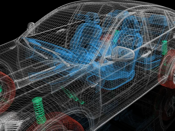 Высокодетальная 3D модель автомобиля. Многоцветные автомобильные запчасти — стоковое фото