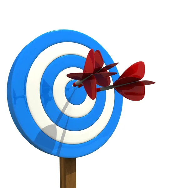 Darts arrows flying in center of target — Stock Photo, Image