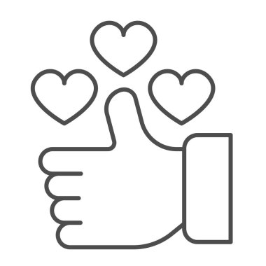 Başparmaklar yukarı, kalpler yukarı, ince çizgi ikonu, flört konsepti gibi, beyaz arka planda el ve kalp vektör işareti gibi, mobil konsept ve web tasarımı için taslak stil ikonu. Vektör grafikleri.