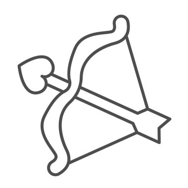 Ok ve kalp şeklindeki baş ince çizgi ikonu, flört kavramı, beyaz arka planda aşk tanrısı okları vektör işareti, mobil konsept ve web tasarımı için taslak tarzı ikonu ile yay. Vektör grafikleri.