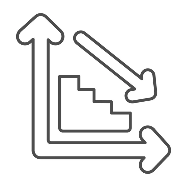Gráfico de escada com passos descendo e ícone de linha fina seta, conceito de diagrama, sinal de vetor gráfico de decaimento no fundo branco, ícone de estilo de contorno para o conceito móvel e web design. Gráficos vetoriais. — Vetor de Stock