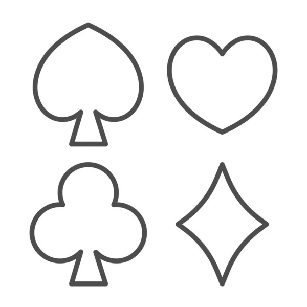 Καρδιές, μπαστούνια, διαμάντια, μπαστούνια για τα τυχερά παιχνίδια εικονίδιο λεπτή γραμμή, gamblimg έννοια, κάρτες παίζουν σύμβολο διάνυσμα σε λευκό φόντο, περίγραμμα εικονίδιο στυλ για το κινητό έννοια και web design. Διανυσματικά γραφικά. — Διανυσματικό Αρχείο