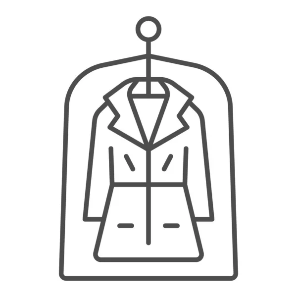 Manteau dans l'icône de ligne mince d'emballage de film, concept de nettoyage à sec, vêtement en signe vectoriel de film sur fond blanc, icône de style de contour pour le concept mobile et le design Web. Graphiques vectoriels. — Image vectorielle