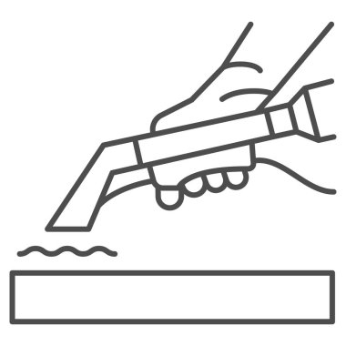 Temizlik maddesi ince çizgi ikonu, kuru temizleme konsepti, beyaz arka planda leke kaldırma vektör işareti, mobil konsept ve web tasarımı için taslak tarzı simgesi ile yüzey tedavisi. Vektör grafikleri.