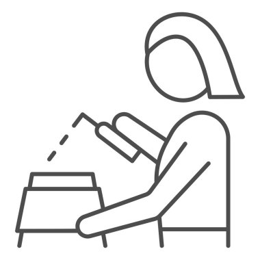 Kadın temizlik maddesi, ince çizgi ikonu, kuru temizleme konsepti, çalışanın beyaz arka plana deterjan vektör işareti, mobil konsept ve web tasarımı için taslak tarzı simge koyması. Vektör grafikleri.