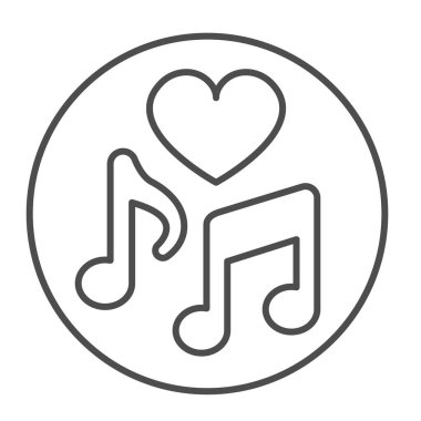 Çemberde notalar ve kalp, favori müzik ince çizgi ikonu, müzik konsepti, beyaz arka planda müzikal tat vektörü işareti, mobil konsept ve web tasarımı için taslak tarzı ikon. Vektör grafikleri.