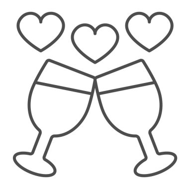 İki şarap kadehi ve kalp ince çizgi ikonu, flört konsepti, beyaz arka planda randevu gecesi vektör işareti, mobil konsept ve web tasarımı için taslak tarzı ikon. Vektör grafikleri.