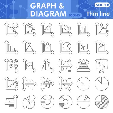 Grafik ve diyagram çizgisi simgesi seti, büyüme şeması sembolleri koleksiyonu veya çizimleri. Analitik çizelge çizelgesi, web ve uygulama için başlık çizgisinde lineer stil işaretleri. Beyaz arkaplanda izole edilmiş vektör grafikleri.