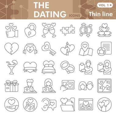 Tarih çizgisi simgesi seti, aşk ve gerçeklik sembolleri koleksiyonu veya çizimleri. Aşk ilişkisi, internet ve uygulama için manşet tarzı işaretler içeren ince bir çizgi. Beyaz arkaplanda izole edilmiş vektör grafikleri.