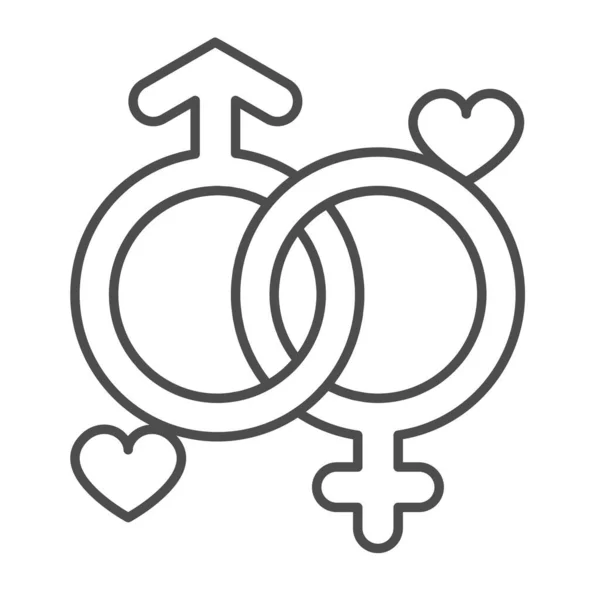 Два гендерних знаки з сердечками, тонка лінія єдності, концепція датування, чоловічий і жіночий символ векторний знак на білому тлі, контурний стиль піктограми для мобільної концепції та веб-дизайну. Векторна графіка . — стоковий вектор