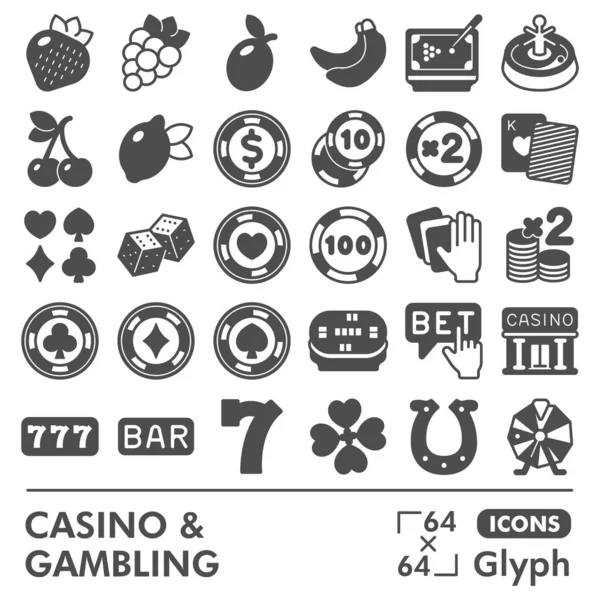 카지노 라인 아이콘 세트, 도박 상징 수집, 스케치. 웹 과 앱을 위한 게임 과 도박 글 리프 선형 스타일 사인. 흰색 배경에 분리 된 벡터 그래픽. — 스톡 벡터