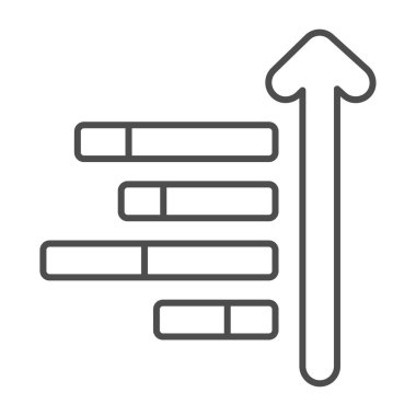 Çizgi çizelgesi ve yukarı doğru büyüyen ok ince çizgi ikonu, diyagram konsepti, beyaz arkaplanda histogram vektör işareti, mobil konsept ve web tasarımı için taslak biçimi simgesi. Vektör grafikleri.