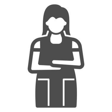 Üniformalı kadın, kuru temizleme işçisi katı ikonu, temizlik konsepti, beyaz arka planda çamaşır amfisi vektör işareti, mobil konsept ve web tasarımı için sembol. Vektör grafikleri.