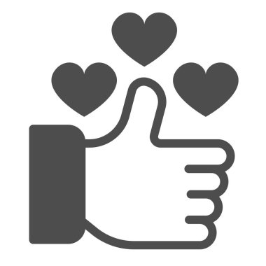 Başparmaklar yukarı ve kalpler, katı ikon, flört kavramı gibi, beyaz arka planda el ve kalp vektör işareti gibi, mobil konsept ve web tasarımı için glyph tarzı simge. Vektör grafikleri.