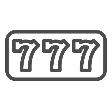 Büyük ikramiye, üç yedili, slot makinesi 777 çizgi ikonu, kumar konsepti, beyaz arka planda şanslı vektör işareti, mobil konsept ve web tasarımı için taslak tarzı ikonu. Vektör grafikleri.