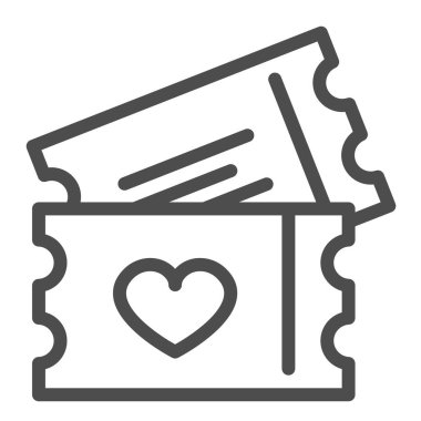 Kalp çizgisi ikonu, tarih ve romantizm konsepti, davetiye, beyaz arka planda kart vektör işareti, mobil konsept ve web tasarımı için taslak biçimi simgesi içeren kağıt biletler. Vektör grafikleri.