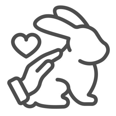 Elle okşayan tavşan ve kalp, hayvan bakım çizgisi ikonu, evcil hayvan bakım konsepti, beyaz arka planda tavşan vektör işareti, mobil konsept ve web tasarımı için taslak tarzı ikon. Vektör grafikleri.