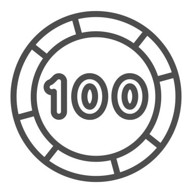 Yüz üniteli kumarhane çipi, bozuk para hattı ikonu, gamblimg konsepti, beyaz arka planda 100 jetonlu poker sembolü, mobil konsept ve web tasarımı için tasarım tasarımı için taslak tarzı simgesi. Vektör grafikleri.