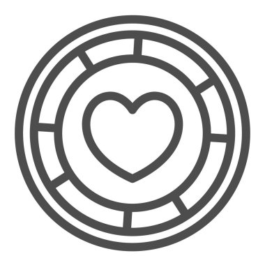 Kalp işaretli kumarhane çipi, poker madeni para hattı ikonu, gamblimg konsepti, beyaz arka planda kumar sembolü işareti, mobil konsept ve web tasarımı için taslak tarzı ikon. Vektör grafikleri.