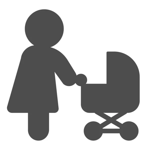 Женщина в платье с твердой иконой детской коляски, концепция материнства, мать с векторным знаком коляски на белом фоне, иконка в стиле глифа для мобильной концепции и веб-дизайна. Векторная графика. — стоковый вектор