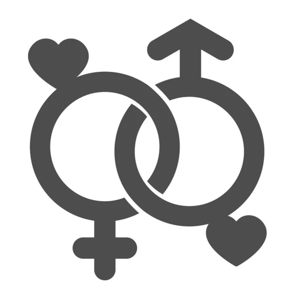 Deux signes de genre avec des cœurs, icône unitaire solide, sortir ensemble concept, signe vectoriel de symbole masculin et féminin sur fond blanc, icône de style glyphe pour concept mobile et web design. Graphiques vectoriels. — Image vectorielle