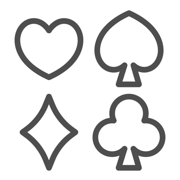 Καρδιές, μπαστούνια, διαμάντια, μπαστούνια για το εικονίδιο της γραμμής τυχερών παιχνιδιών, gamblimg έννοια, κάρτες παίζουν διάνυσμα υπογράψει σε λευκό φόντο, περίγραμμα εικονίδιο στυλ για την κινητή έννοια και web design. Διανυσματικά γραφικά. — Διανυσματικό Αρχείο
