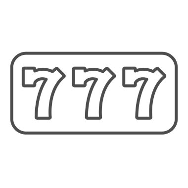 Büyük ikramiye, üç yedili, kumar makinesi 777 ince çizgi ikonu, kumar konsepti, beyaz arka planda şanslı vektör işareti, mobil konsept ve web tasarımı için taslak tarzı ikon. Vektör grafikleri.